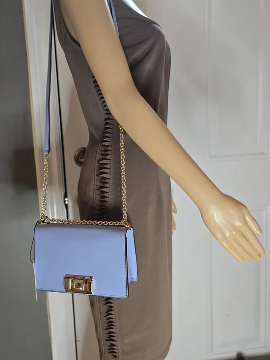 New Furla Light Blue Leather Shoulder Bag with Gold Chain - Picture 13 of 14